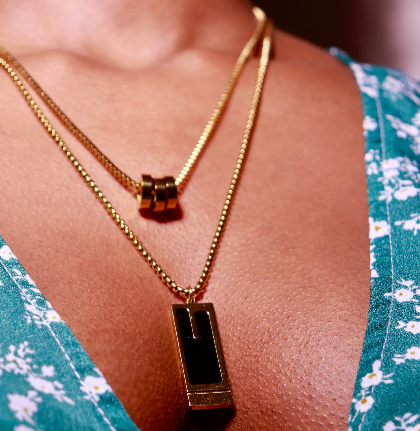 Obsidian Tag Double Stack Chain Necklace